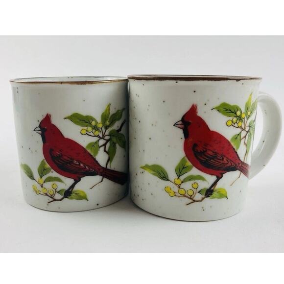 Set 2- Vintage Speckled Stoneware Red Cardinal Bird Ceramic Coffee Mugs Cups Tea - Picture 1 of 12